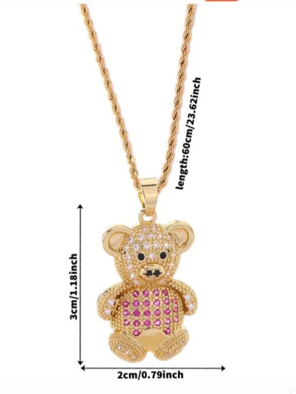 Gold Teddy Bear Pendant Necklace with Pink Crystal Accents